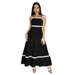 Black Halter Low Cut Wave Striped Fashion Women Casual Skirt Dress