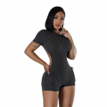 Black Short Sleeve Jacquard Backless Sexy Club Romper Dress
