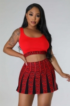 Red Knitted Stretch Sports Casual Skirt Vest Sweater Skirt Suit