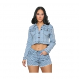 Blue Ripped Denim Long Sleeve Top Two Pieces Sexy Club Jeans Shorts Set