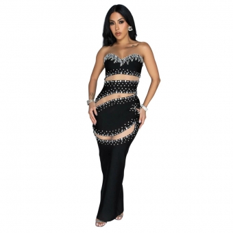 Black Luxury Off Shoulder Mesh Rhinestone Prom Evening Maxi Dress