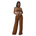 Brown Sexy Top Two Pieces Halter Neck Fashion Women Casual Overalls