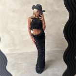 Black Sleeveless Women Lace Hollow Out See Through Formal Maxi Dress