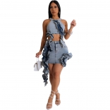 Light Blue Denim Ruffles Two Pieces Elastic Wash Jeans Mini Dress Sets