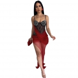 Red Low Cut Rhinestones Sexy See Throug Mesh Silk Evening Party Dress