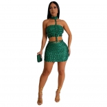 Green Diamonds Off Shoulder Halter Neck Crop Top Pleated Gilding Sexy Mini Dress