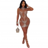 Khaki Mesh Rhinestones See Through Bodycon Party Women Sexy Mini Dress