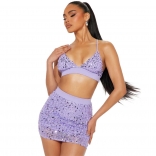 Purple Sequins Halter V Neck Crop Tops Two Pieces Sexy Short Sets Mini Dress