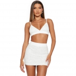 White Sequins Halter V Neck Crop Tops Two Pieces Sexy Short Sets Mini Dress