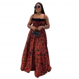 Red Halter Boat Neck Pinted Floral Women Casual Maxi Long Dress