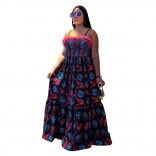 Black Halter Boat Neck Pinted Floral Women Casual Maxi Long Dress