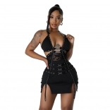 Black Sleeveless Deep V Neck Sexy Bandage Party Mini Dress