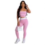 Pink Straps Low Cut Crop Top Bodycon Solid Skinny Pants Set Dress