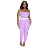 Purple Straps Low Cut Crop Top Bodycon Solid Skinny Pants Set Dress