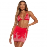 Red Two Pieces Sexy Rhinestone Crop Top Club Party Mini Dress