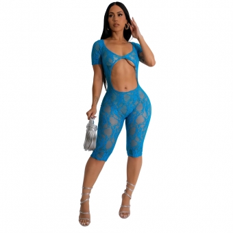 Blue Sexy Lace Hollow Out See Through Club Romper Dress