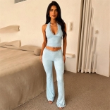 Blue Sleeveless Lace Halter Crop Top Pleated Women Sexy Casual Pant Sets Dress