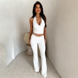 White Sleeveless Lace Halter Crop Top Pleated Women Sexy Casual Pant Sets Dress