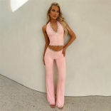 Pink Sleeveless Lace Halter Crop Top Pleated Women Sexy Casual Pant Sets Dress