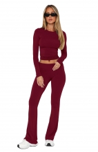 Claret Two Pieces Slin Fit Low Rise Pleated Casual Women Pant Sets Dress