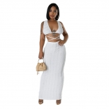 White Sexy Crop Top Hollow Out Bodycon Lace Ruffles Club Midi Dress