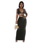 Black Sexy Crop Top Hollow Out Bodycon Lace Ruffles Club Midi Dress