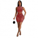 Red Sleeveless Mesh Rhinestone Crop Top Party Bodycon Mini Dress