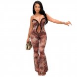 Brown Halter Deep V Neck Sexy Hollow Out Mesh Printed Party Jumpsuits