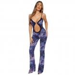 Blue Halter Deep V Neck Sexy Hollow Out Mesh Printed Party Jumpsuits