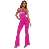 Rose Red Off Shoulder Rhinestone Women Fashion Casual Prom Jumpsuits