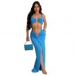 Blue Straps Low Cut Hollow Out Sexy Women Slit Luxury Party Maxi Dress