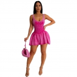 Pink Halter Low Cut Pleated Sexy Club Wrinkles Skirt Dress