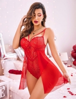 Red Straps Sexy Lace Hollow Out Mesh Sexy Teddies Lingreie