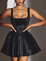 Black Sleeveless Low Cut Velvet Satin Pure Desire Skirt Dress