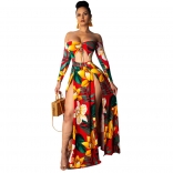 Red Off Shoulder Long Sleeve Printed Hollow Out Floral Long Dress