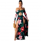 Green Off Shoulder Long Sleeve Printed Hollow Out Floral Long Dress