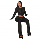 Black Long Sleeve O Neck Crop Top Hollow Out Two Pieces Pant Sets
