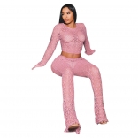 Pink Long Sleeve O Neck Crop Top Hollow Out Two Pieces Pant Sets