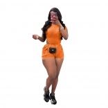 Orange Short Sleeve Striped Rompers Pocket Sexy Pant Sets