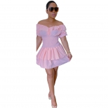 Pink Off Shoulder Ruffles Pleated Waist Women Skirt Dress