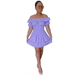 Purple Off Shoulder Ruffles Pleated Waist Women Skirt Dress