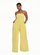 Yellow Off Shoulder Pleated Bodysuit Waist Chiffon Women Fashion Jumpsuits
