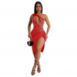 Red Sleeveless Hollow Out Rhinestone Sexy Women Slit Bodycon Midi Dress