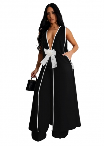 Black Bowknot Sleeveless Long Vest Top Wide Leg Fashion Casual Women Pant Suit Sets