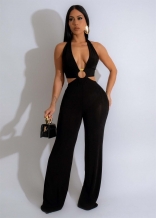 Black Deep V Neck Backless Straps Women Elegant Party Sexy Jumpsuits