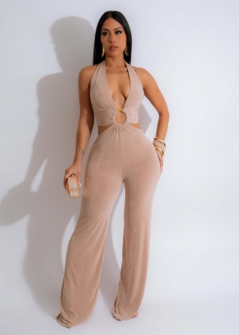 Beige Deep V Neck Backless Straps Women Elegant Party Sexy Jumpsuits