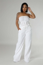 White Off Shoulder Button Pleated Tops Fashion Casual Women Pant Sets