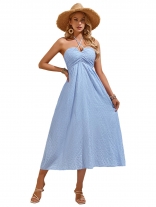 Blue Straps Low Cut V Neck Summer Women Long Skirt Dress