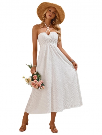 White Straps Low Cut V Neck Summer Women Long Skirt Dress