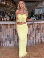 Yellow Halter Low Cut Top Chiffion Two Piece Casual Midi Dress